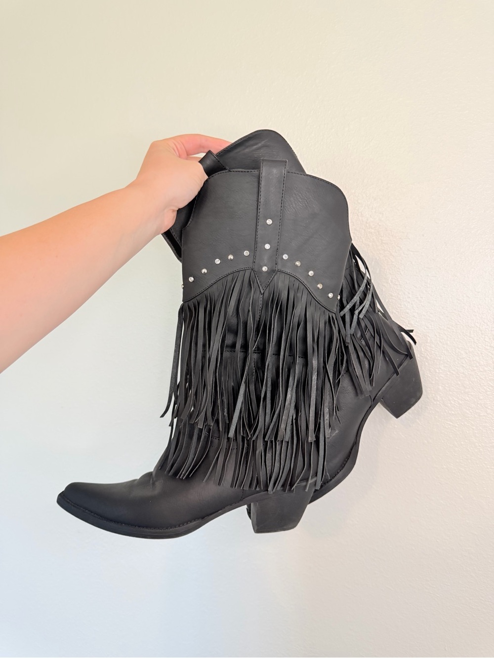 Roper Black Knee High Fringe Cowgirl Boots with snip toe and rhinestone details